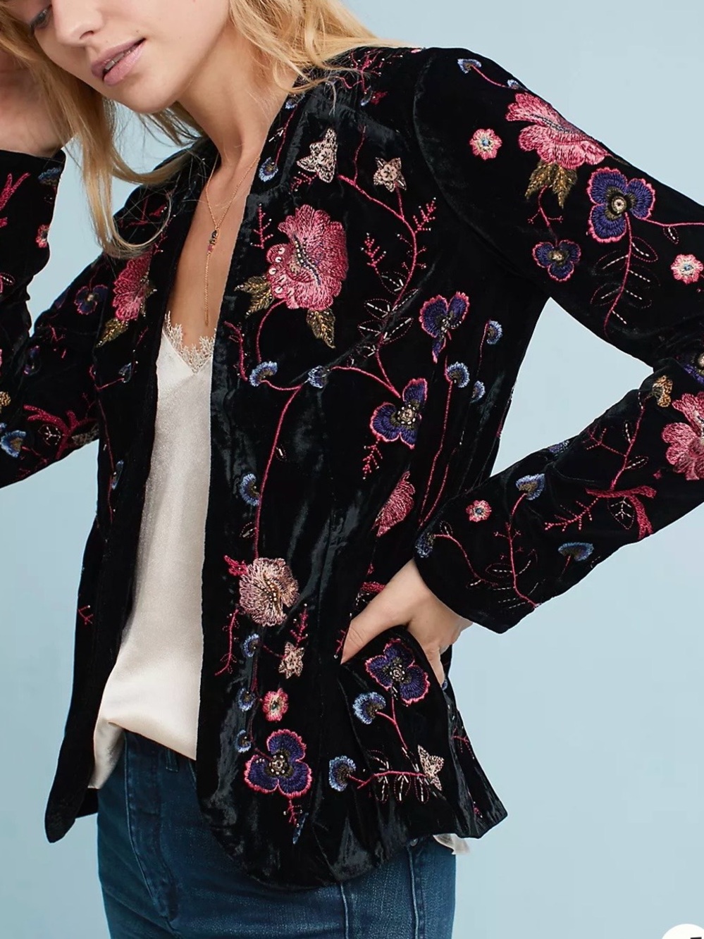 Anthropologie Black Velvet Floral Embroidered Boho Jacket Coquette size L